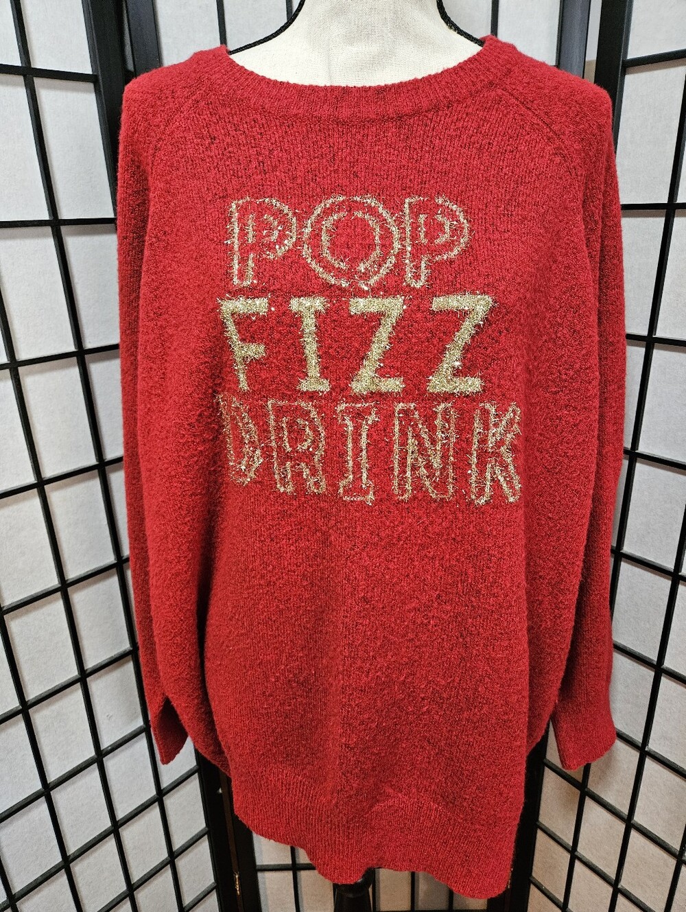 Torrid 3X Red  Heather & Gold Tinsel "Pop Fizz Drink" Pullover Crew Neck Sweater